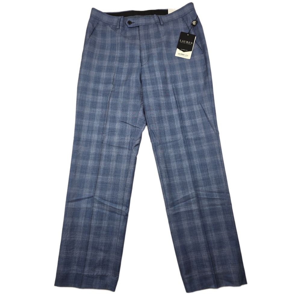 LRL Ralph Lauren Wool Dress‎ Pants Mens 33x32 Blue Plaid Classic-Fit $190 NEW